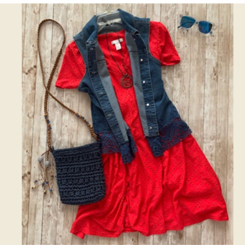 DONATED 🌞London Times Red Eyelet Swing Dress Sz S